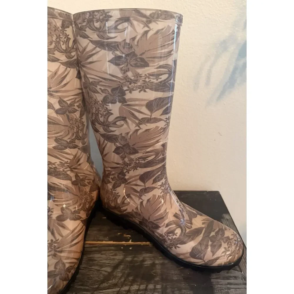 Ugg Women Boots Shaye Island Floral Rain Boot Tropical Asphalt Black Tan Size 9